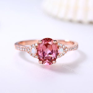 Art deco padparadscha sapphire ring,Orange sapphire ring,Oval sapphire ring,Opal diamond bridal ring,Padparadscha unique engagement ring