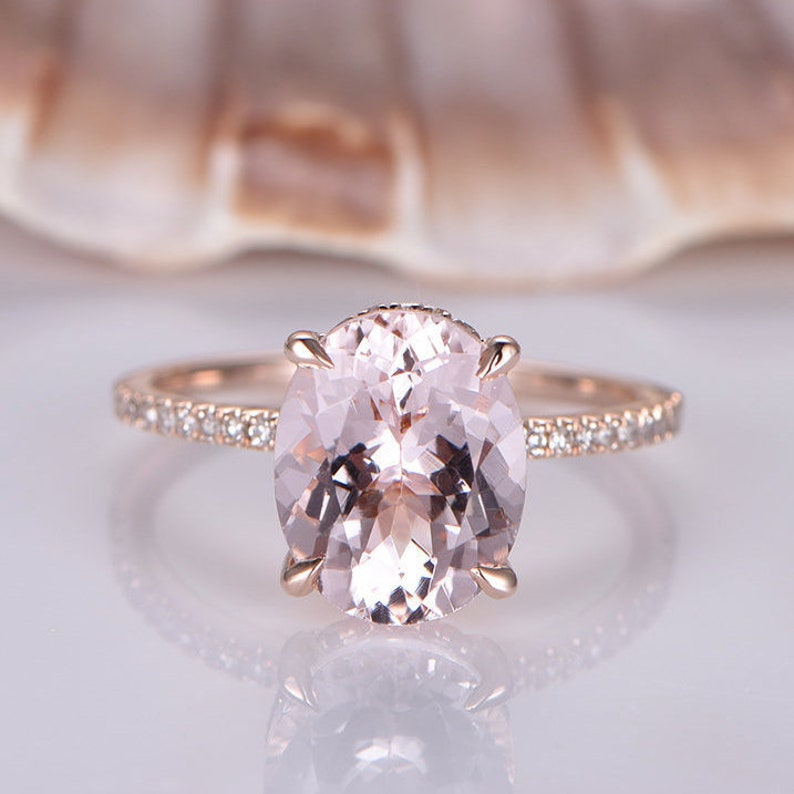 Morganite Engagement Ring 14k Rose Gold Solitaire Ring 8x10mm - Etsy