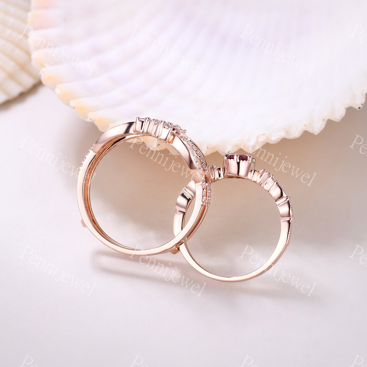 Ruby Engagement Ring Set,diamond Enhancer Band,vintage Ruby Rings for ...