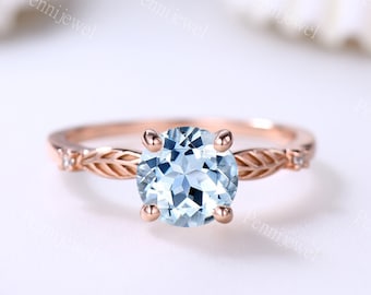 Rosengold Aquamarin Braut Ring,Rund geschnittener März Geburtsstein,Art deco blauEr Aquamarin Diamant Verlobungsring