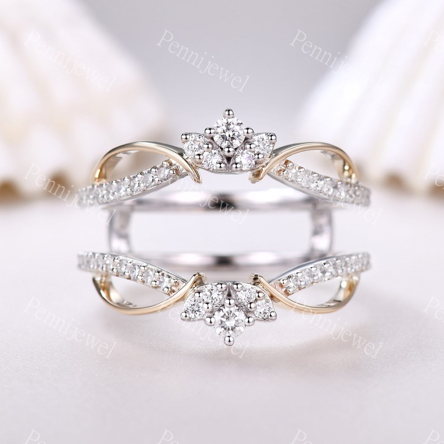 Two Tone Diamond enhancer wedding band,14k gold ring,Double curved enhancer matching band,Floral personalized ring,Women anniversary gift