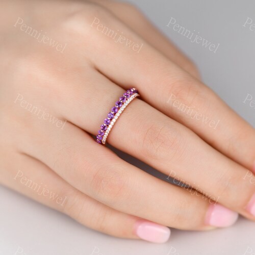 Art Deco Amethyst Diamond Wedding Band,2mm Round Amethyst Ring,Rose Gold,Half Eternity Amethyst Diamond Stacking Ring,February’s shops Birthstone