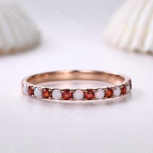 Opal Garnet Alternating Wedding Ring,Natural Garnet Matching Band,Opal Eternity Band,Rose Gold Stacking Ring,January October Birthstone Ring