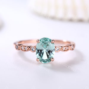 14k Solid Rose Gold Green Sapphire Engagement Ring Art Deco Diamond Band Oval Green Sapphire Anniversary Ring For Women Stacking Bridal Ring