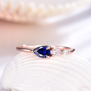 Sapphire Engagement Ring Blue Sapphire Ring September Birthstone Rose Gold Moissanite Ring Unique Custom Jewelry Pear Cut Gems Ring