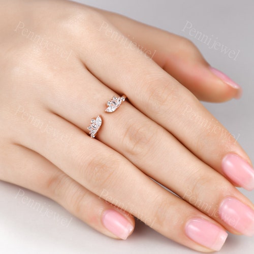 Art deco shops moissanite wedding band Rose gold open gap ring Women stacking matching moissanite band Leaf ring Open curved anniversaaey ring