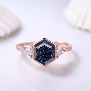 Unique 14k Rose Gold Ring Hexagon Blue Sandstone Engagement Ring For Women Moissanite Wedding Band Blue Sandstone Anniversary Bridal Ring