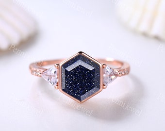 Unique 14k Rose Gold Ring Hexagon Blue Sandstone Engagement Ring For Women Moissanite Wedding Band Blue Sandstone Anniversary Bridal Ring