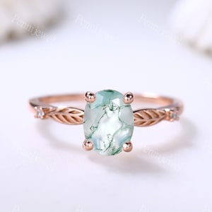 Oval Natural Moss Agate Bridal Ring 14k Rose Gold Ring Natural Inspired Green Moss Agate Engagement Ring Diamond Band Anniversary Women Ring