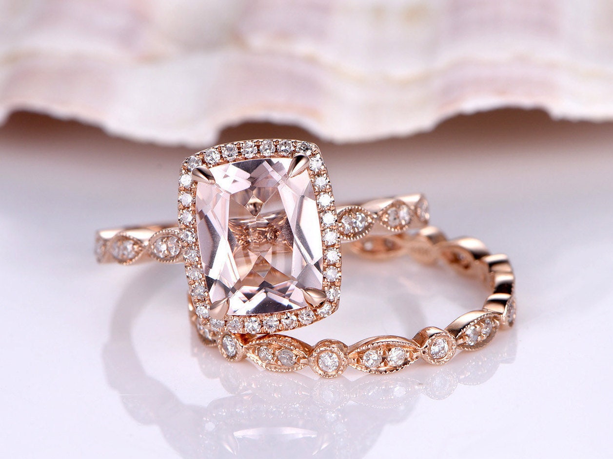 2pcs Wedding Ring Set Morganite Engagement Ring 14k Rose Gold - Etsy