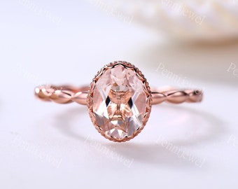 1.5CT Unique Natural Pink Morganite Ring Oval Cut Morganite Women Daily Ring 14k Rose Gold Art Deco Wedding Band Anniversary Bridal Ring