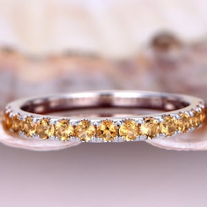 Citrin Hochzeitsband Weiß Gold Halb Ewigkeit Ring für Frauen Stapeln passendes Band Jahrestag Vorschlag Schmuck Natur Gelb Edelstein