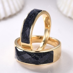 Blue Sandstone Couple Ring Starry Night Engagement Ring Set His and Hers Nebula Wedding Band Gold Matching Promise Ring Set Valentine&#39;s gift