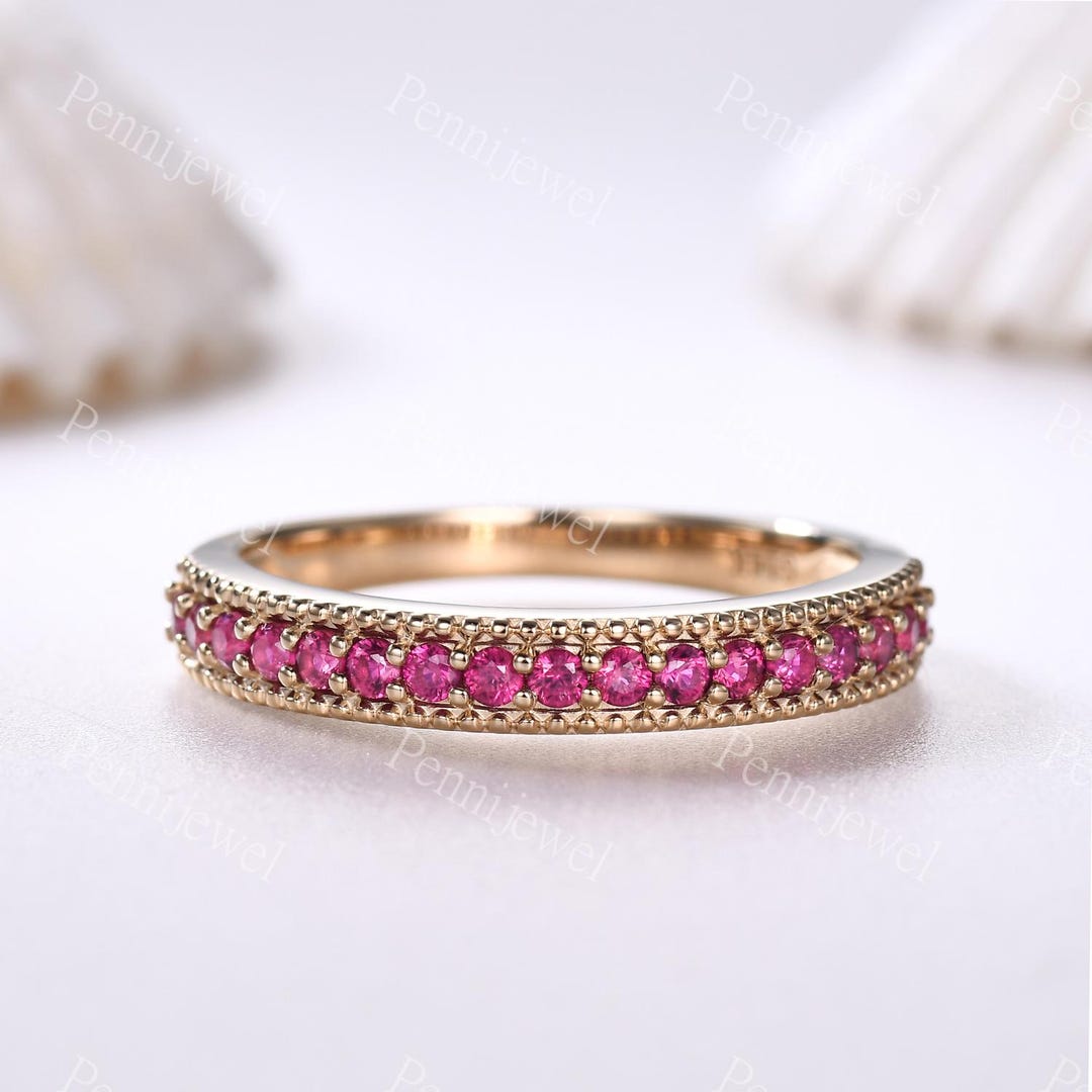Vintage Ruby Eternity Wedding Band Milgrain Pave Matching Ring July ...