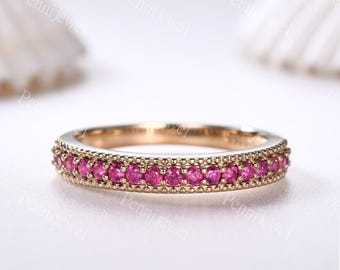 Vintage Ruby Eternity Wedding Band Milgrain Pave Matching Ring July Birthstone 14K Gold Stacking Ring Promise Gift for Her Art Deco Jewelry