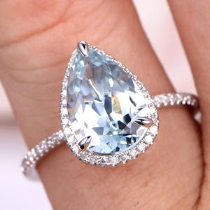 3ct Pear Shaped Aquamarine Engagement Ring VS Natural Blue Aquamarine Solid 14k White Gold Diamond Wedding Band Bridal Ring Petite Band Halo image 8