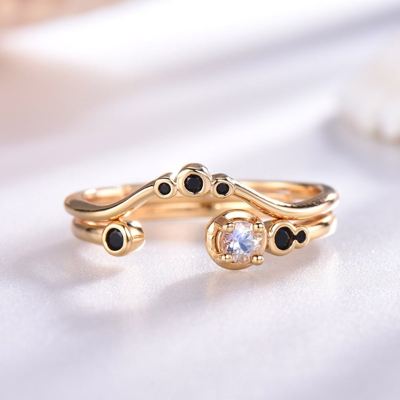 Moonstone Engagement Ring Set Yellow Gold Plated Black Cubic Zircon Matching Band Sterling Silver 925 Natural Moonstone Adjustable Ring Set