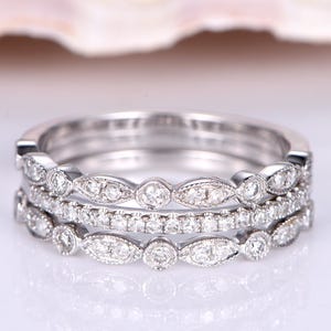 3pcs diamond wedding band half eternity ring solid 14k white gold engagement ring stacking matching band anniversary ring Marquise set