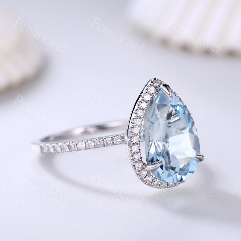 3ct Pear Shaped Aquamarine Engagement Ring VS Natural Blue Aquamarine Solid 14k White Gold Diamond Wedding Band Bridal Ring Petite Band Halo image 4