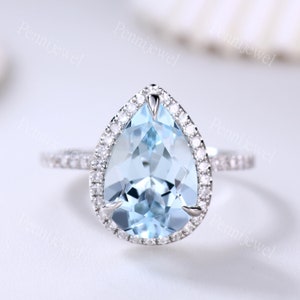 3ct Pear Shaped Aquamarine Engagement Ring VS Natural Blue Aquamarine Solid 14k White Gold Diamond Wedding Band Bridal Ring Petite Band Halo image 2