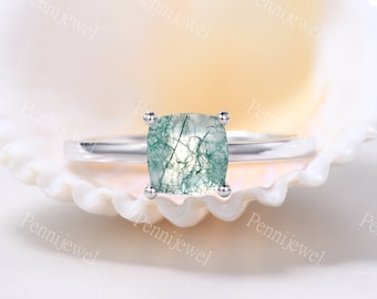 Cushion Cut Natural Moss Agate Engagement Ring,Green Agate Wedding Band,Solid White Gold Ring,Anniversary Promise Gift,Women Solitaire Ring