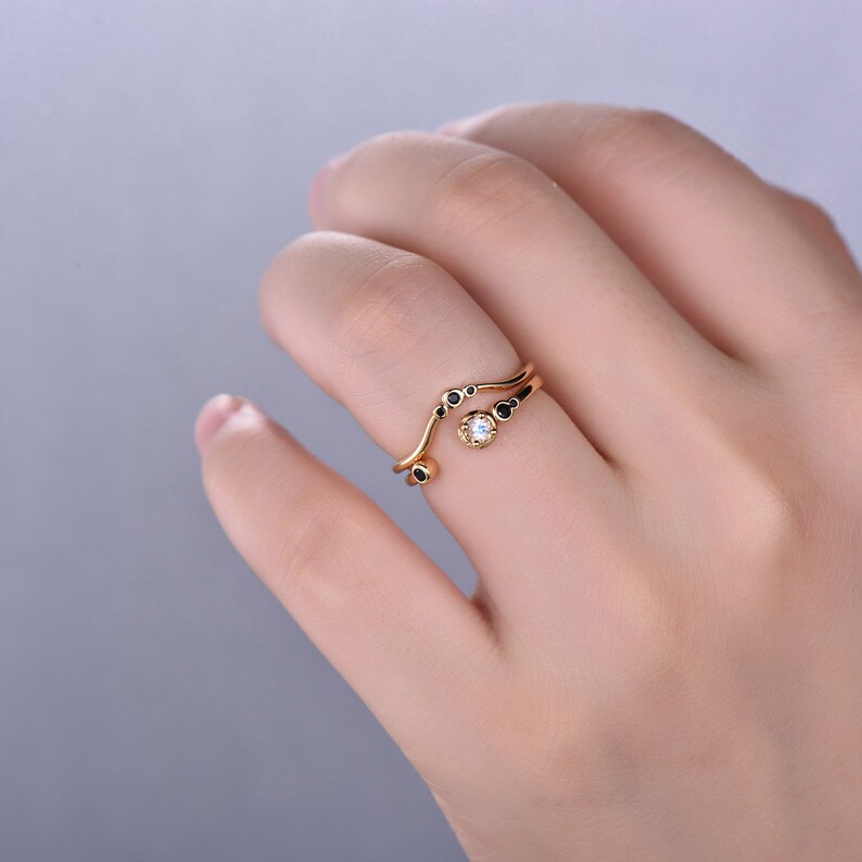 Moonstone Engagement Ring Set Yellow Gold Plated Black Cubic Zircon Matching Band Sterling Silver 925 Natural Moonstone Adjustable Ring Set