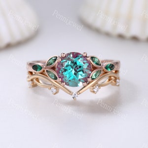 Unique alexandrite ring set,Vintage alexandrite engagement ring women Personalized ring,Leaf branch diamond ring,Bridal anniversary gift