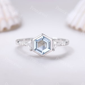 Hexagon Cut Aquamarine Engagement Ring,Triangle Round Cut Moissanite Band,14k White Gold Ring,Aquamarine Women Ring,March Birthstone Gift
