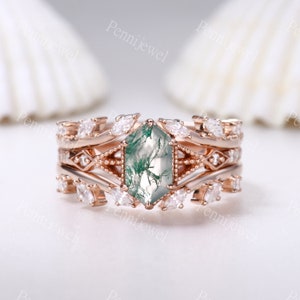 Hexagon Moss Agagte Engagement Ring Set Vintage Moissanite Diamond Bridal Set Leaf Enhancer Band Natural Vine Branch Ring Gifts For Her