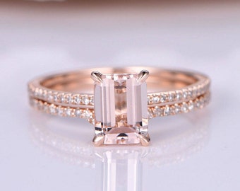 Wedding Ring Set Emerald Cut Morganite Ring Diamond Ring Diamond Wedding Band 6x8mm Pink Gemstone Solid 14k Rose Gold Bridal Ring Set