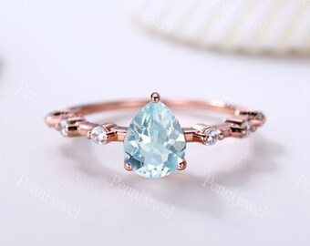 Dainty Aquamarine Engagement Ring,6x8mm Pear Cut Aquamarine Diamond Wedding Ring,Aquamarine Anniversary Valentine's Gift For Her,Rose gold