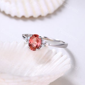 Padparadscha Sapphire Ring,5x7mm Oval Cut Sapphire Opal Engagement Ring,Anniversary Gift For Women,Plain Gold Band,Dainty Ring,Silver ring