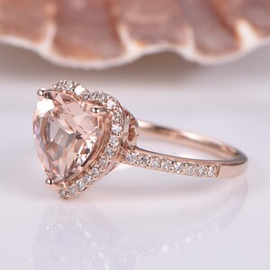 Heart Shaped Morganite Engagement Ring Rose Gold Half Eternity Diamond Band Natural Gemstone Halo Anniversary Ring Gift For Women image 2