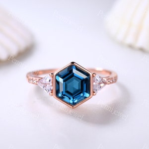 Delicate London Blue Topaz Engagement Ring Hexagon Cut Topaz Wedding Ring For Women 14K Rose Gold Blue Topaz Women Wedding Ring Gift For Her