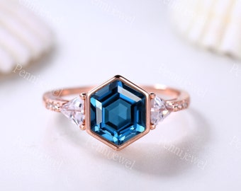 Delicate London Blue Topaz Engagement Ring Hexagon Cut Topaz Wedding Ring For Women 14K Rose Gold Blue Topaz Women Wedding Ring Gift For Her