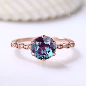June Birthstone Alexandrite Rose Gold Ring Round Cut Alexandrite Jewelry Art Deco Diamond Stacking Band Women Promise Anniversary Ring Gift