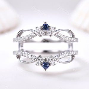 Vintage Blue Sapphire Ring Enhancer 14K White Gold Double Curved Diamond Wedding Band Unique Custom Ring Guard Ring Promise Anniversary Gift