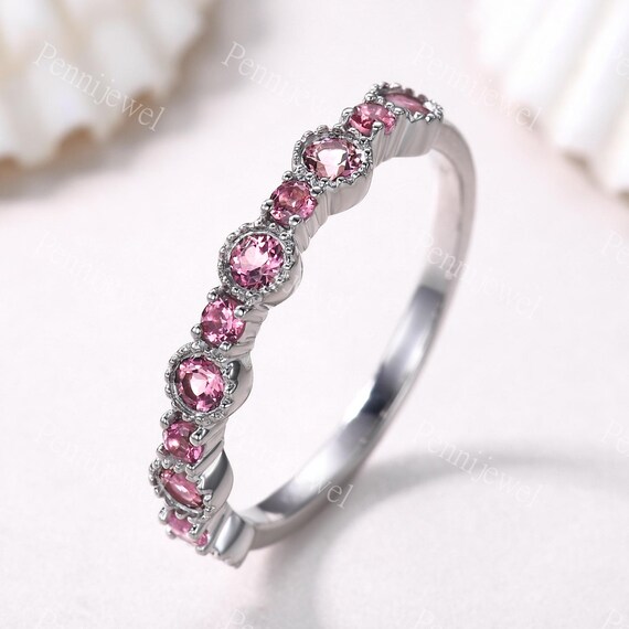 Vintage Pink Tourmaline Wedding Band October Birthstone Pink - Main Image