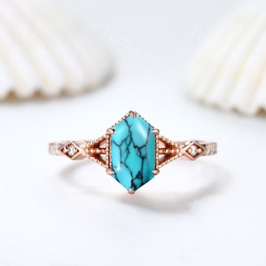 Vintage largo hexágono corte turquesa anillo diamante rosa oro banda azul turquesa joyería Art Deco promesa anillo de compromiso para mujeres
