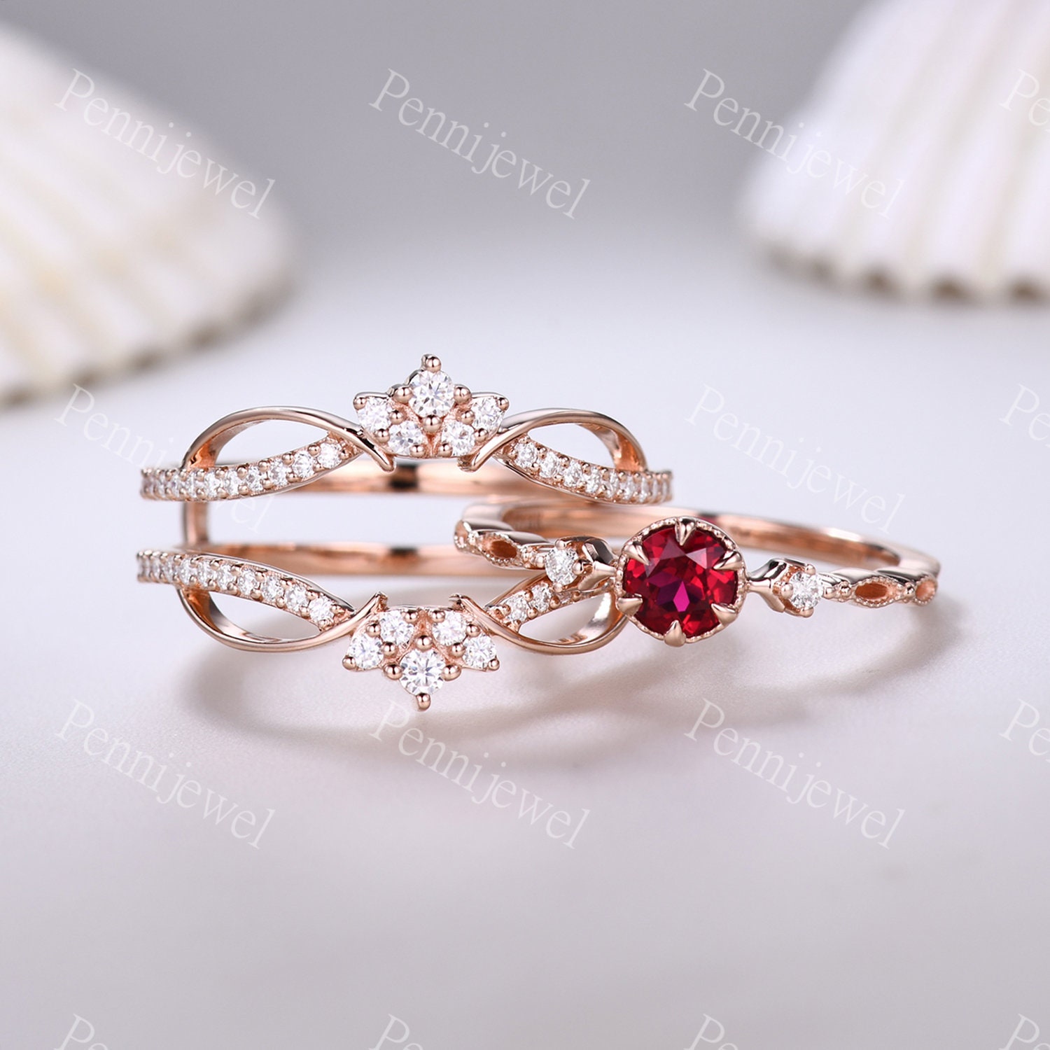 Ruby Engagement Ring Set,diamond Enhancer Band,vintage Ruby Rings for ...