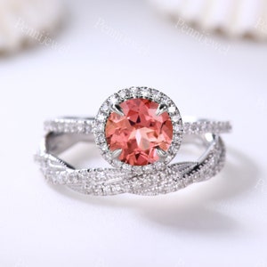 Natural Diamond Band,7mm Round Padparadscha Sapphire Ring,White Gold,Diamond Halo Ring,Bridal Set,Orange Sapphire Diamond Engagement Ring