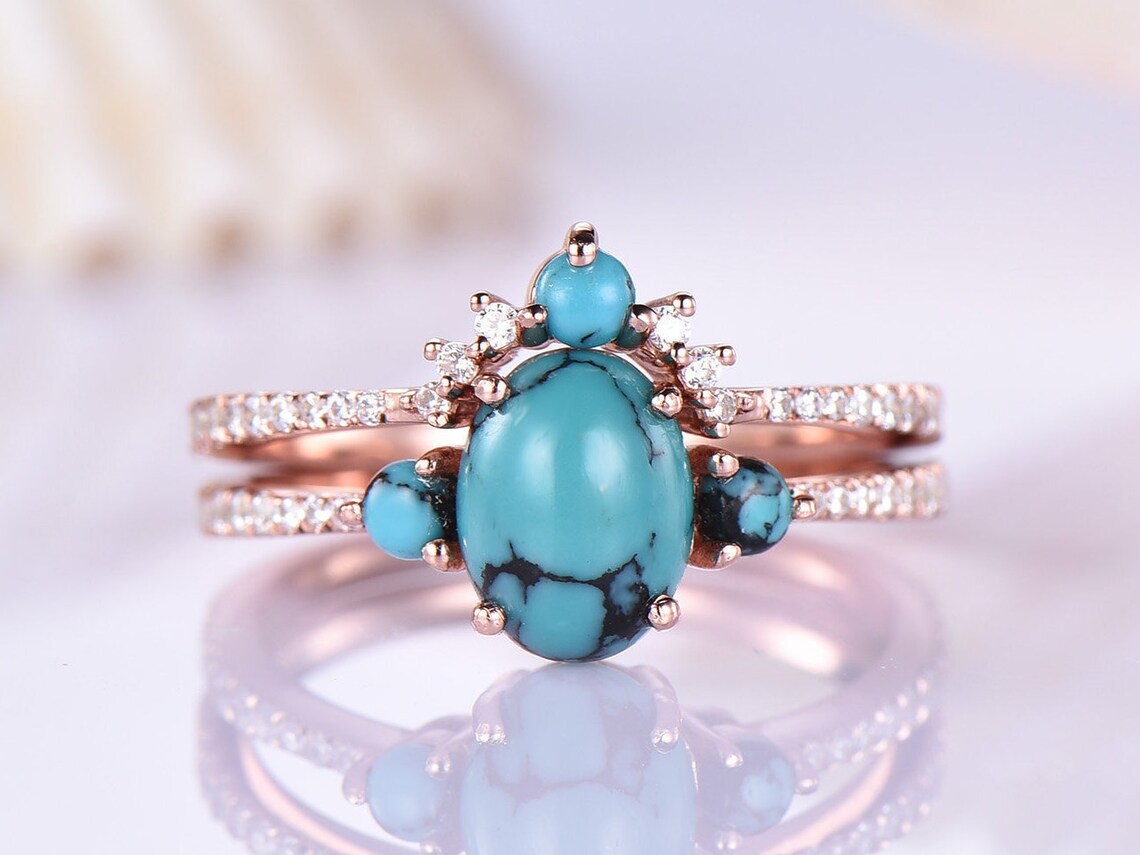 Turquoise Engagement Ring Set Rose Gold Diamond Matching Band Etsy