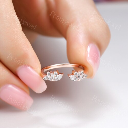 Art deco shops moissanite wedding band Rose gold open gap ring Women stacking matching moissanite band Leaf ring Open curved anniversaaey ring