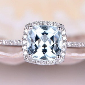 7mm Cushion Cut Aquamarine Engagement Ring 14k White Gold Ring Diamond Wedding Band Diamond Halo Gemstone Bridal Ring Anniversary Ring