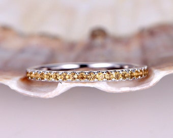 Natural Citrine Wedding Band Solid 14k White Gold Half Eternity Ring Engagement Ring Stacking Matching Band Anniversary Ring 1.2mm Thin Pave