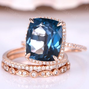 12x10mm Cushion London Blue Topaz Engagement Ring Set Art Deco Moissanite Wedding Band Eternity Band Blue Gem Ring Bridal Set Rose Gold Ring