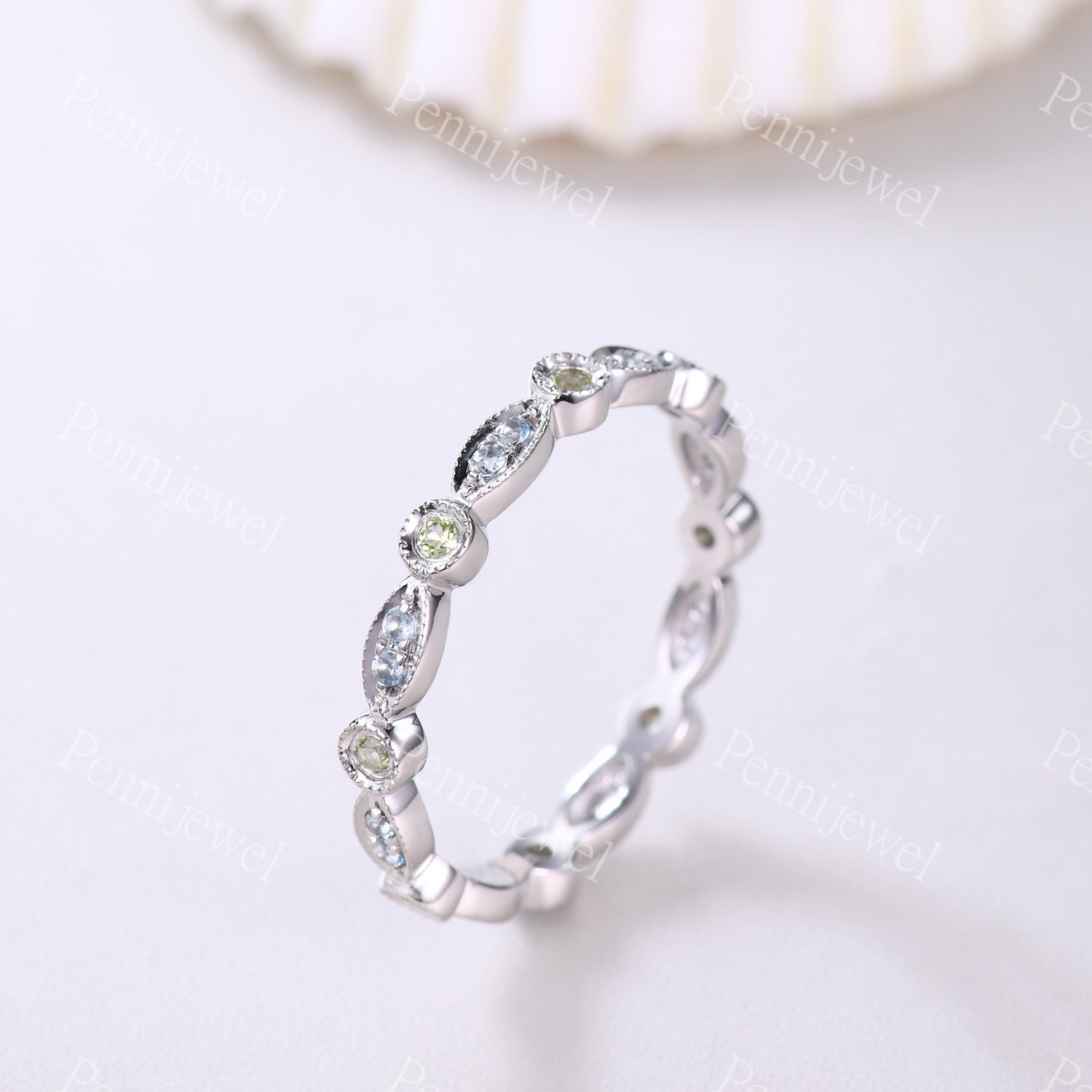 Art deco aquamarine peridot band,Natural gemstone band,Stacking matching eternity band,Birthstone gem jewelry,White gold anniversary gift