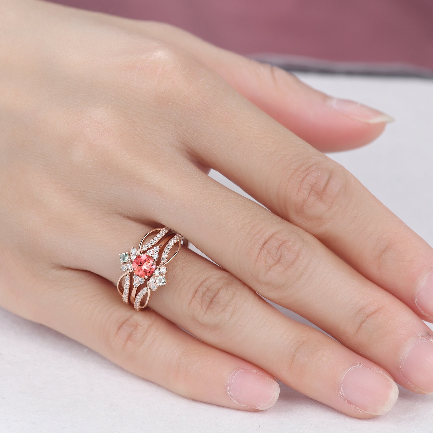 Unique Round Padparadscha Sapphire Engagement Ring,moss Agate Diamond ...
