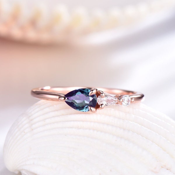 Alexandrite Ring Alexandrite Wedding Band 14k Rose Gold Moissanite Eternity Promise Jewelry Lab Stone Christmas Anniversary Gift For Her