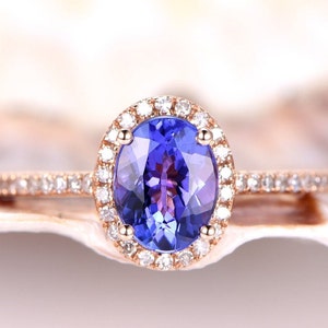 Natural Tanzanite engagement ring,Unique diamond wedding band,Oval cut Tanzanite ring,Rose gold halo ring,December birthstonem,Gift for her